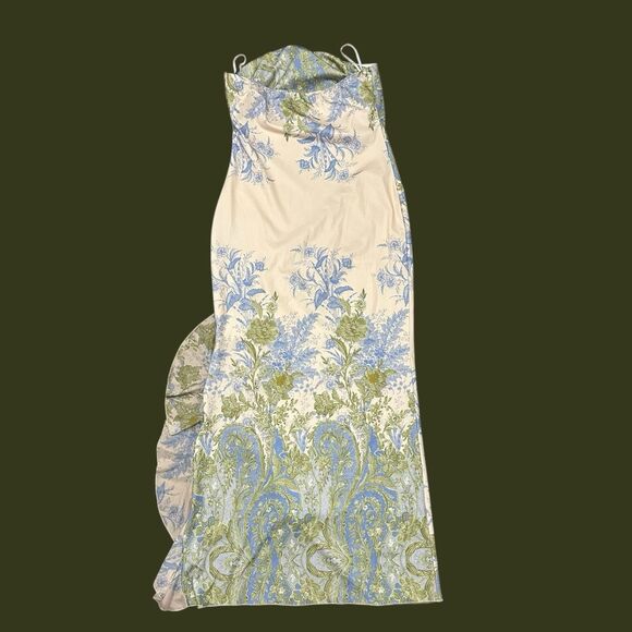 Y2K Strapless Floral Print Maxi Dress Ruffle Slit Cottagecore Boho Festival Sz L - Picture 3 of 16